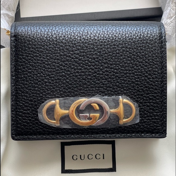 GUCCI Zumi Horsebit Grainy Black Leather Wristlet Card Case Wallet Made in Italy - Picture 13 of 16